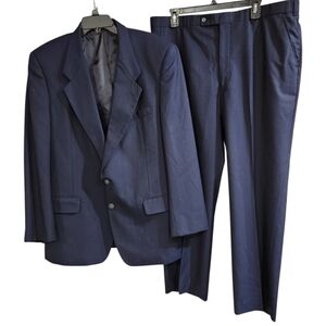 Andre Vachon 2 Pc Men’s Suit Wool Navy Blue Pinstripe  42R Jacket 38X28 Pants